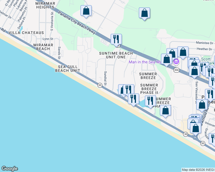 map of restaurants, bars, coffee shops, grocery stores, and more near 17517 Front Beach Road in Panama City Beach
