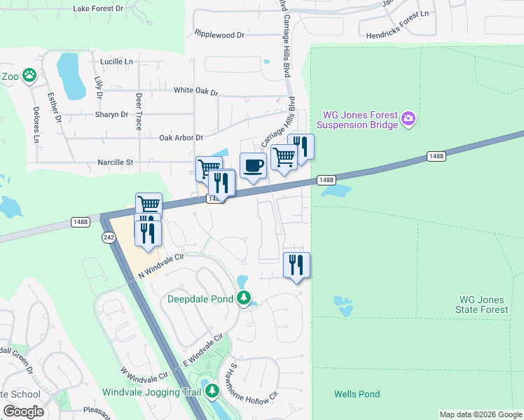 map of restaurants, bars, coffee shops, grocery stores, and more near 2477 Farm to Market Road 1488 in Conroe