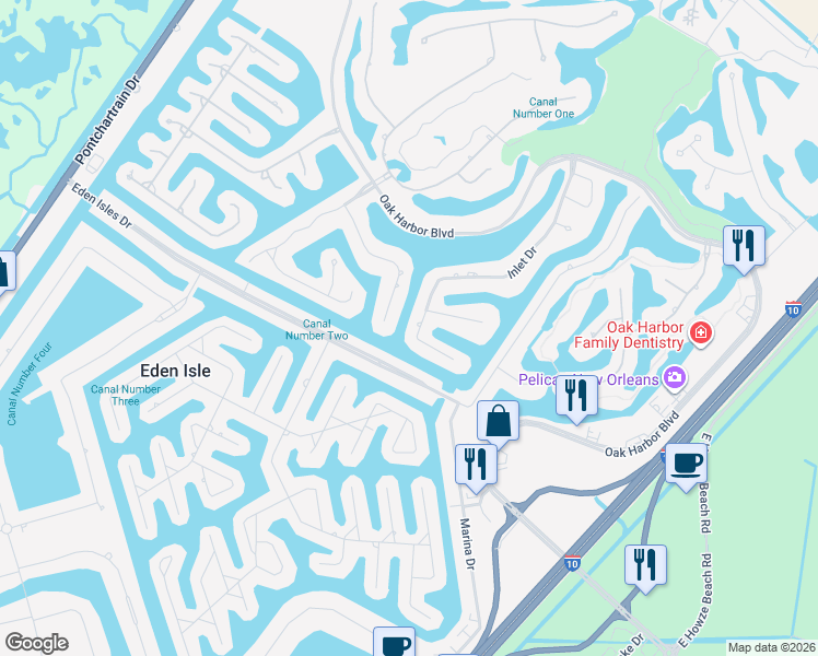 map of restaurants, bars, coffee shops, grocery stores, and more near 96 Inlet Drive in Slidell