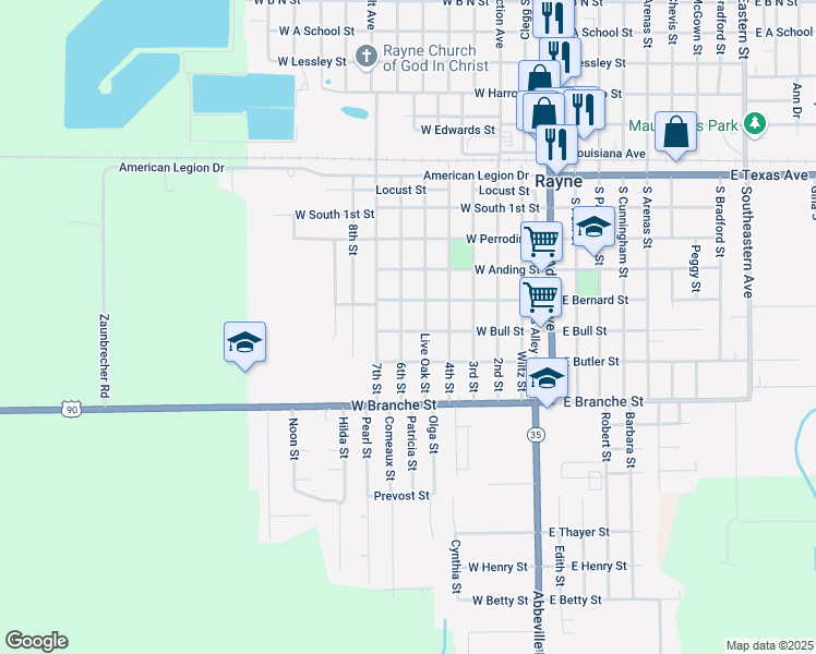 map of restaurants, bars, coffee shops, grocery stores, and more near 706 Live Oak St in Rayne