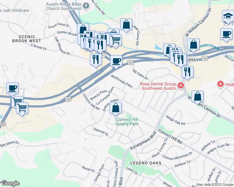 map of restaurants, bars, coffee shops, grocery stores, and more near 6608 Poncha Pass in Austin