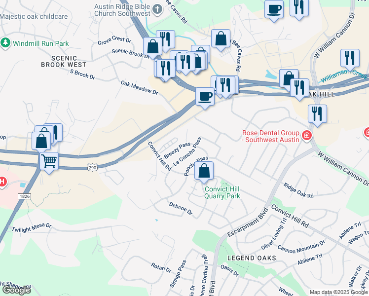 map of restaurants, bars, coffee shops, grocery stores, and more near 6805 Breezy Pass in Austin