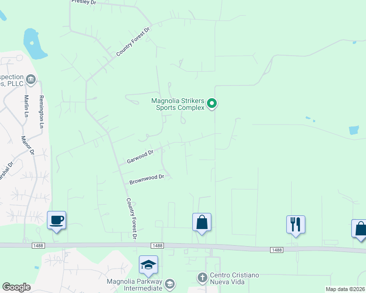map of restaurants, bars, coffee shops, grocery stores, and more near 40210 Garwood Court in Magnolia