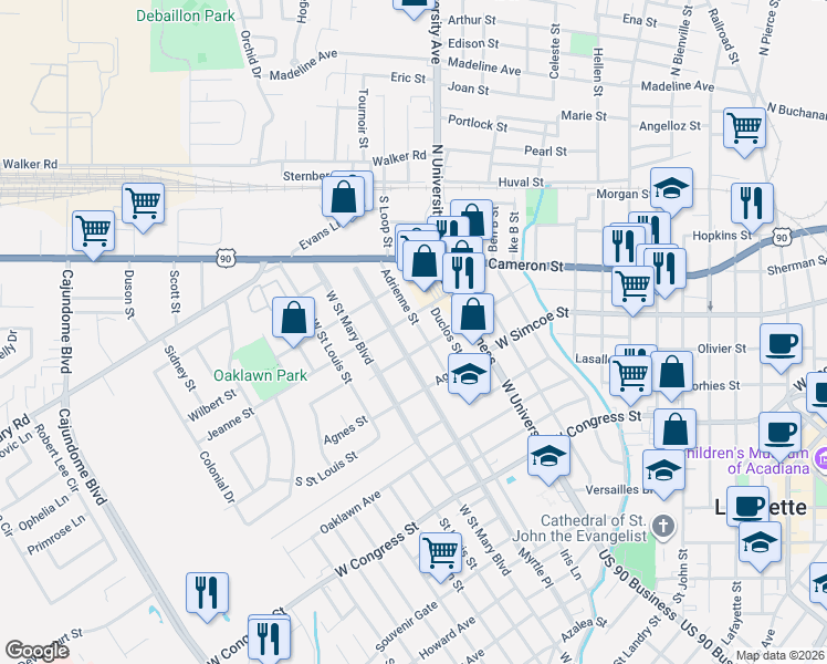 map of restaurants, bars, coffee shops, grocery stores, and more near 1423 Myrtle Place in Lafayette