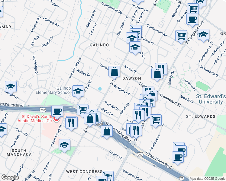 map of restaurants, bars, coffee shops, grocery stores, and more near 3625 South 1st Street in Austin