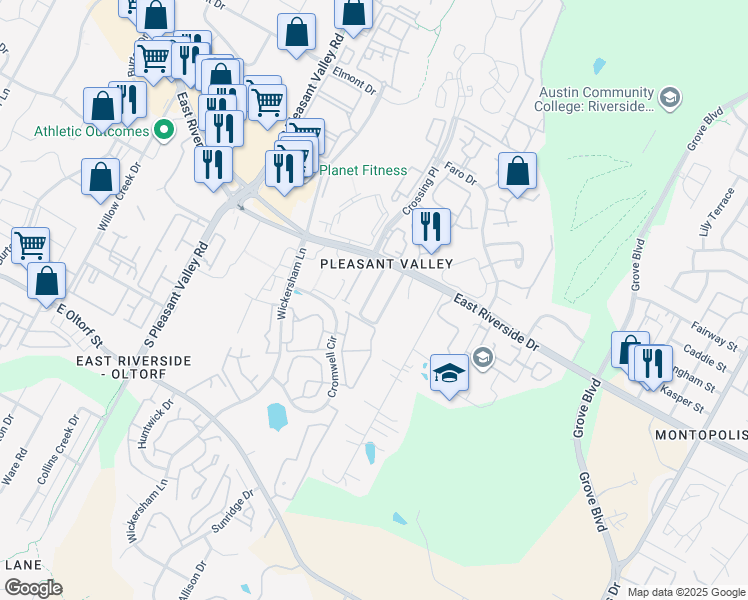 map of restaurants, bars, coffee shops, grocery stores, and more near 2101 Kirksey Drive in Austin