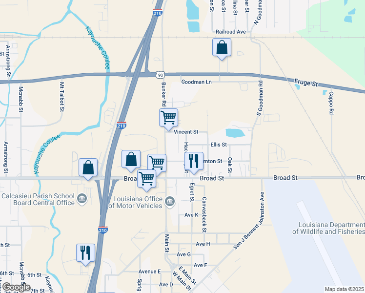 map of restaurants, bars, coffee shops, grocery stores, and more near 618 Hackberry Street in Lake Charles