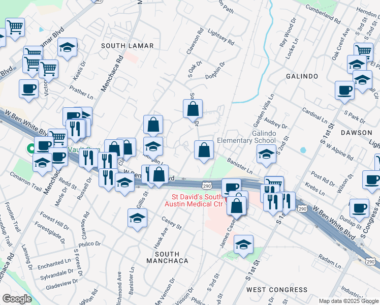 map of restaurants, bars, coffee shops, grocery stores, and more near 1304 Summer Oak Drive in Austin