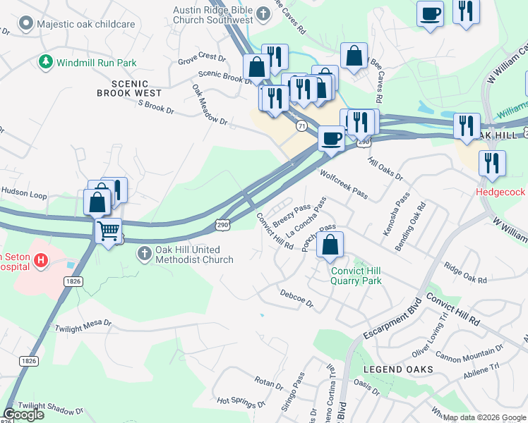 map of restaurants, bars, coffee shops, grocery stores, and more near 7000 Convict Hill Road in Austin