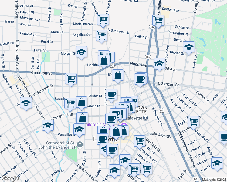 map of restaurants, bars, coffee shops, grocery stores, and more near 430 South Pierce Street in Lafayette