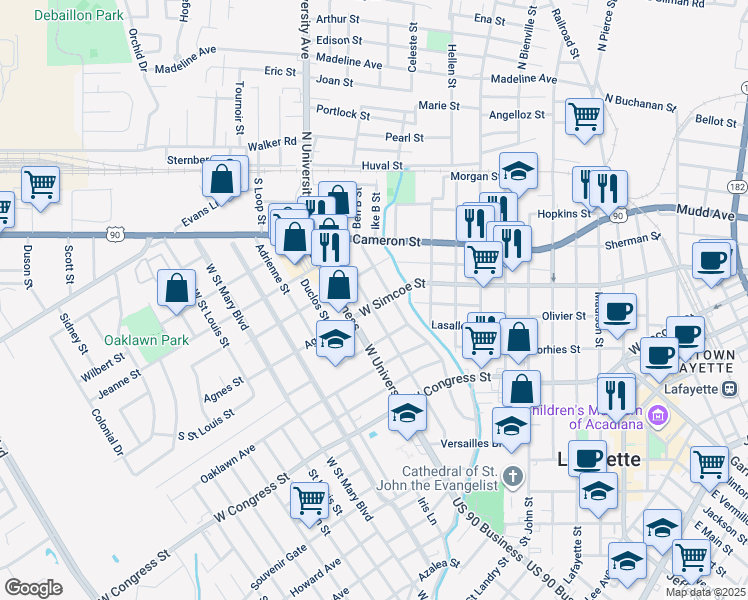 map of restaurants, bars, coffee shops, grocery stores, and more near 522 Evangeline Drive in Lafayette