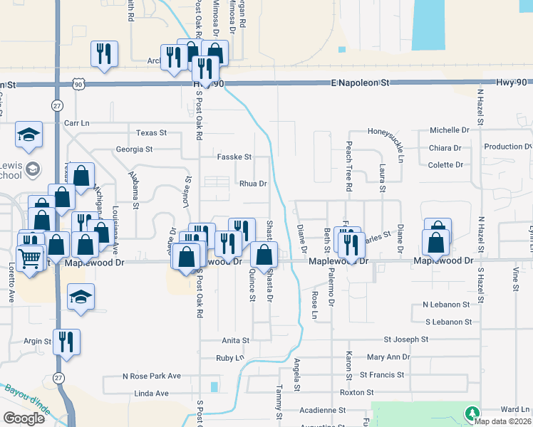 map of restaurants, bars, coffee shops, grocery stores, and more near 1100-1198 Shasta Dr in Sulphur