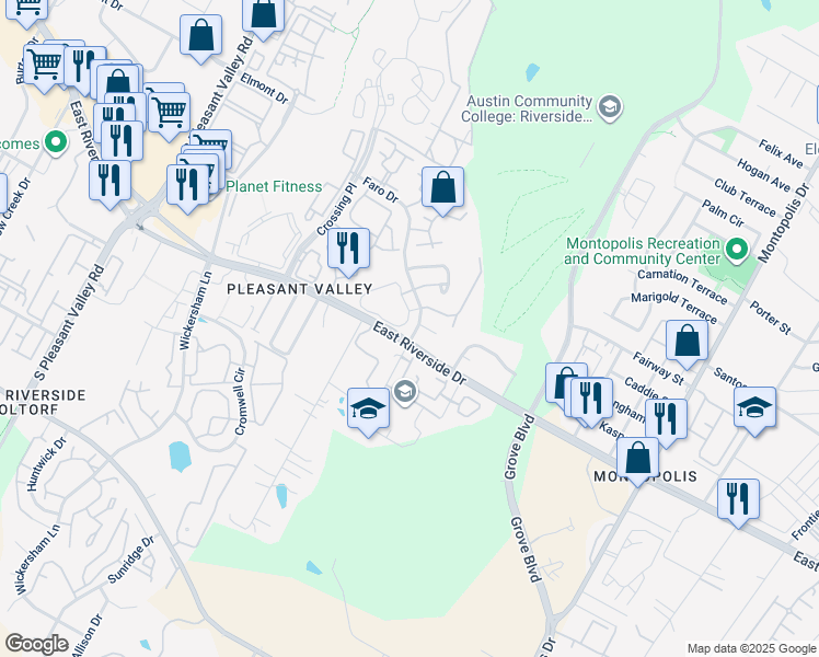 map of restaurants, bars, coffee shops, grocery stores, and more near 5307 1/2 East Riverside Drive in Austin