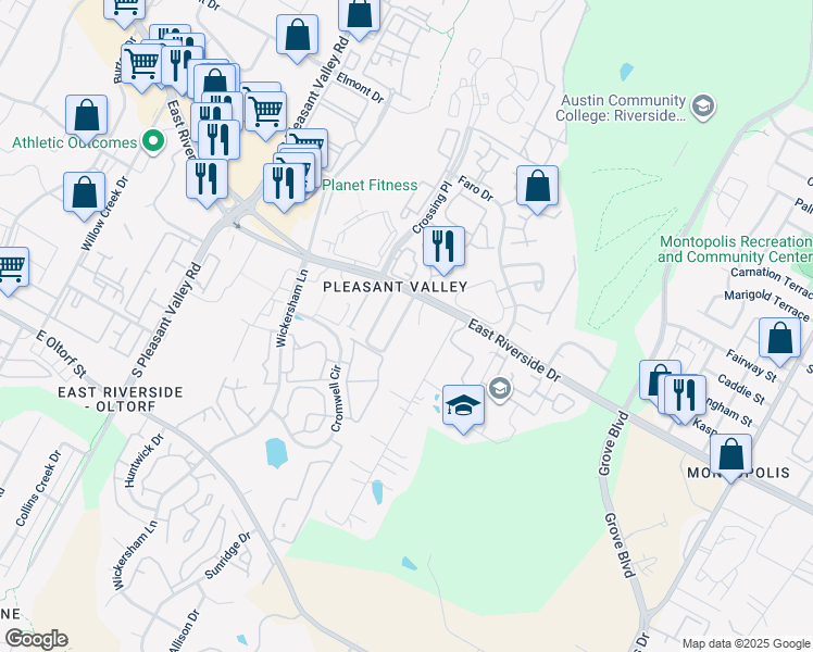 map of restaurants, bars, coffee shops, grocery stores, and more near 5007 East Riverside Drive in Austin