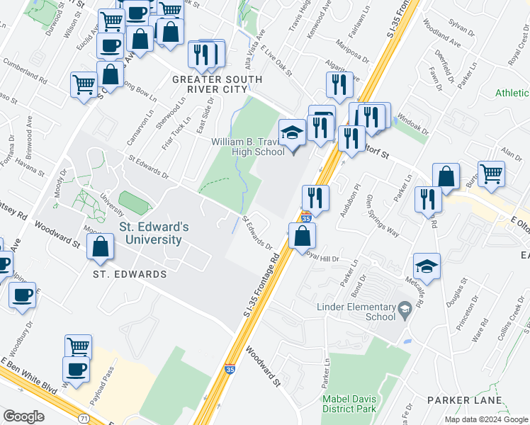 map of restaurants, bars, coffee shops, grocery stores, and more near 2715 Saint Edwards Circle in Austin
