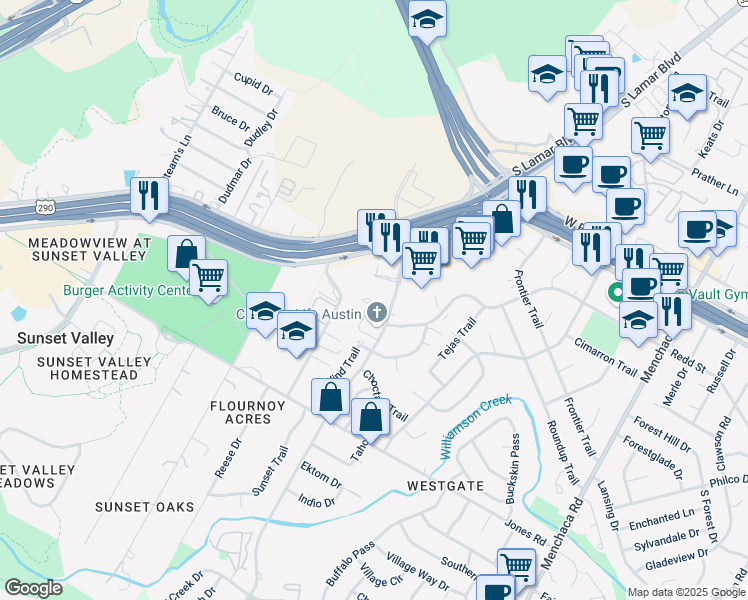 map of restaurants, bars, coffee shops, grocery stores, and more near 4638 West Gate Boulevard in Austin