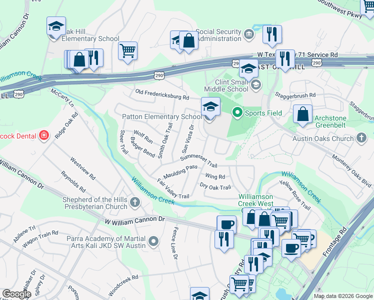 map of restaurants, bars, coffee shops, grocery stores, and more near 6214 Sun Vista Drive in Austin