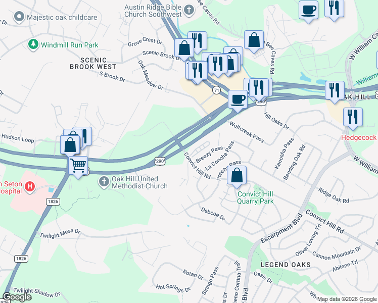 map of restaurants, bars, coffee shops, grocery stores, and more near 7000 Convict Hill Road in Austin