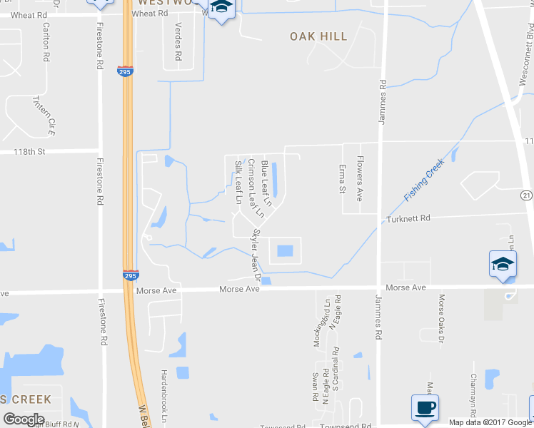 map of restaurants, bars, coffee shops, grocery stores, and more near 6559 Crimson Leaf Lane in Jacksonville