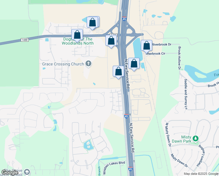 map of restaurants, bars, coffee shops, grocery stores, and more near 15610 Guinn Road in Conroe