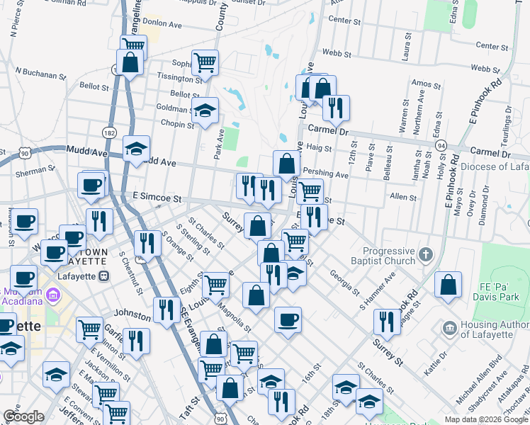 map of restaurants, bars, coffee shops, grocery stores, and more near 1030 9th Street in Lafayette