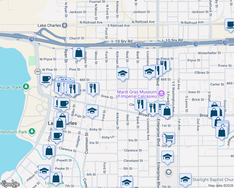 map of restaurants, bars, coffee shops, grocery stores, and more near 718 Drew Street in Lake Charles