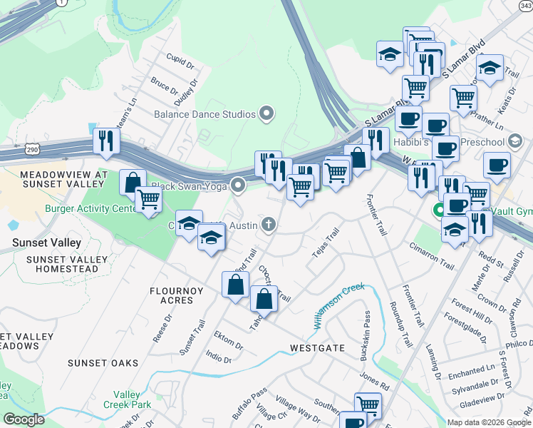 map of restaurants, bars, coffee shops, grocery stores, and more near 2706 Windswept Cove in Austin