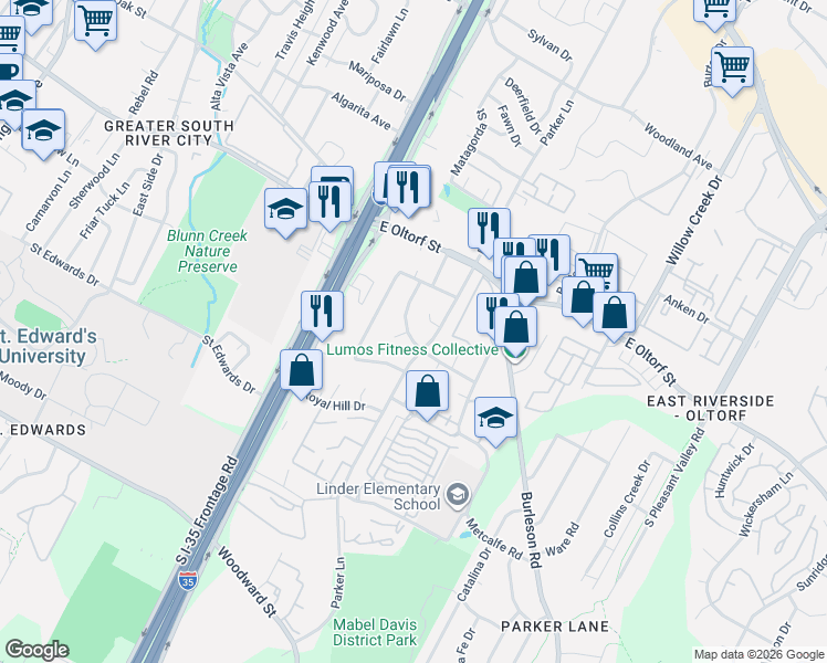 map of restaurants, bars, coffee shops, grocery stores, and more near 2503 Candlewood Court in Austin