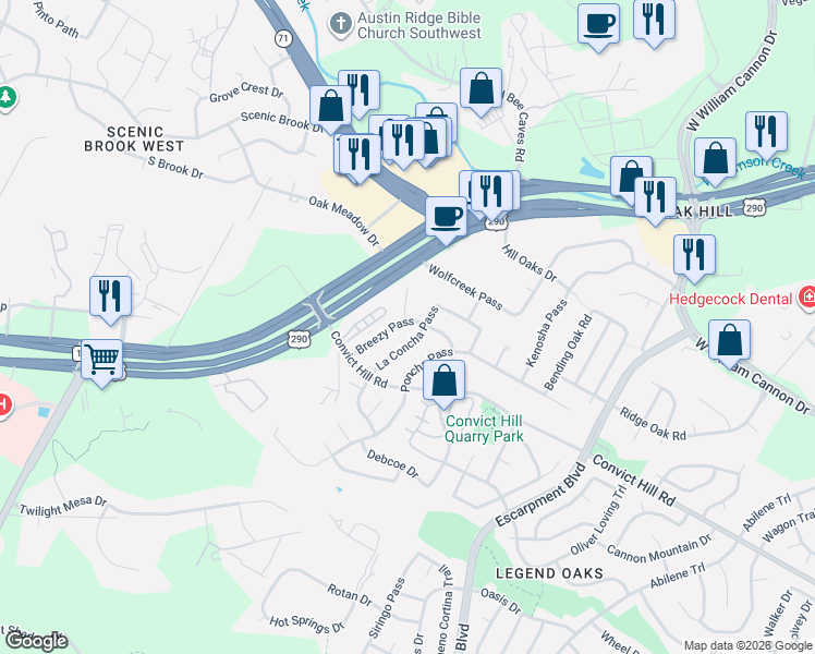 map of restaurants, bars, coffee shops, grocery stores, and more near 6803 La Concha Pass in Austin