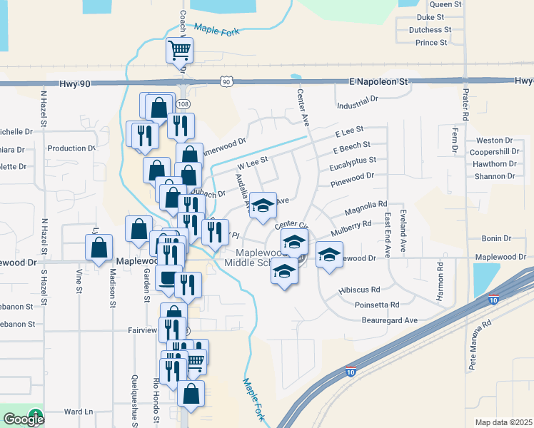 map of restaurants, bars, coffee shops, grocery stores, and more near 108 Ann Ave in Sulphur