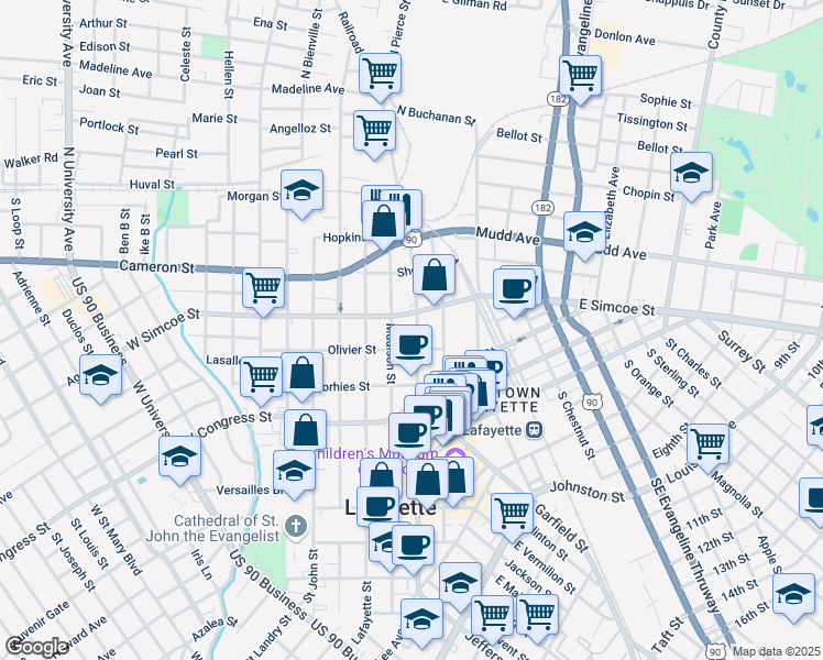 map of restaurants, bars, coffee shops, grocery stores, and more near 412 South Pierce Street in Lafayette