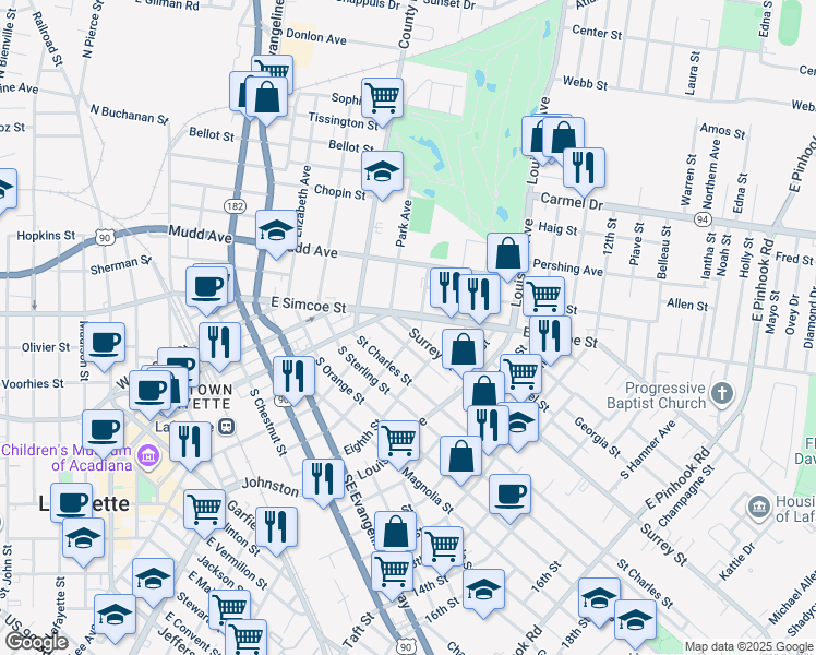 map of restaurants, bars, coffee shops, grocery stores, and more near 213 Surrey Street in Lafayette
