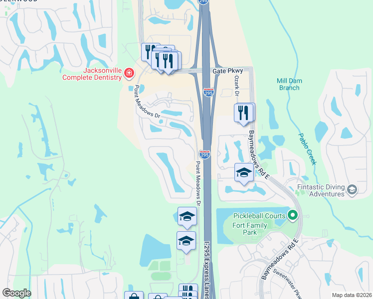 map of restaurants, bars, coffee shops, grocery stores, and more near 7800 Point Meadows Drive in Jacksonville