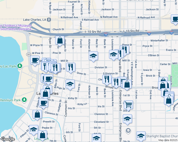 map of restaurants, bars, coffee shops, grocery stores, and more near 718 Drew Street in Lake Charles