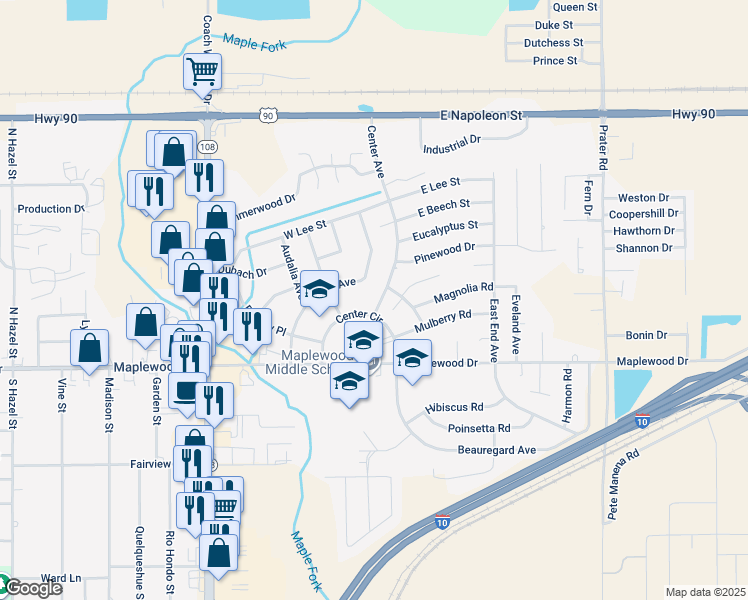 map of restaurants, bars, coffee shops, grocery stores, and more near 101 Center Circle in Sulphur
