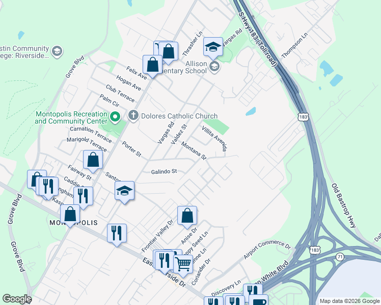 map of restaurants, bars, coffee shops, grocery stores, and more near 6815 Porter Street in Austin