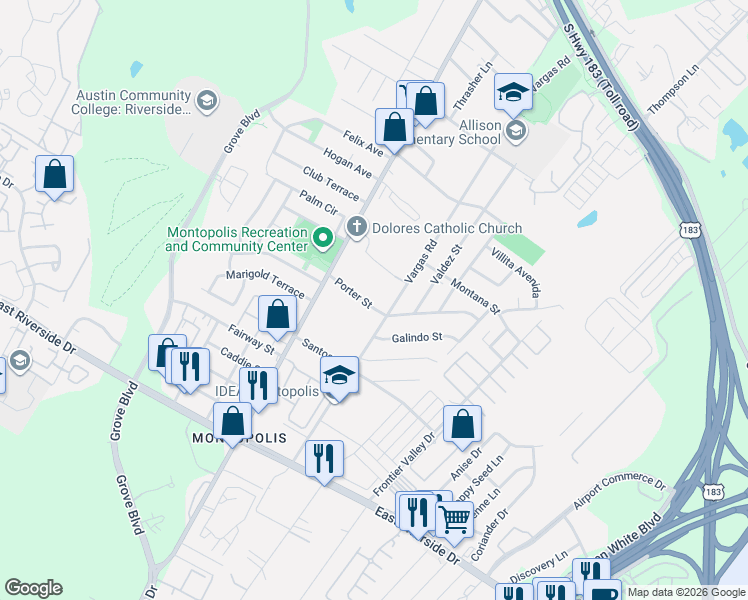 map of restaurants, bars, coffee shops, grocery stores, and more near 6505 Porter Street in Austin