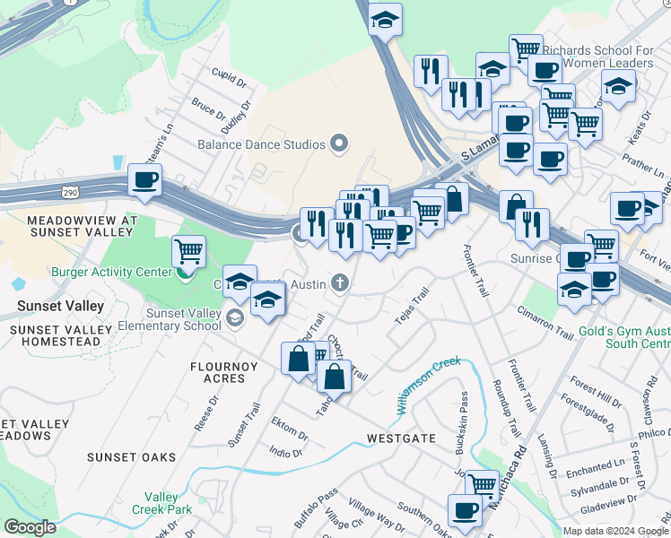map of restaurants, bars, coffee shops, grocery stores, and more near 4638 West Gate Boulevard in Austin