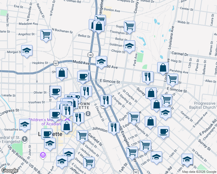 map of restaurants, bars, coffee shops, grocery stores, and more near 101 North Orange Street in Lafayette