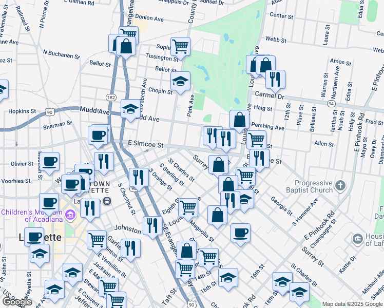 map of restaurants, bars, coffee shops, grocery stores, and more near Surrey Street in Lafayette