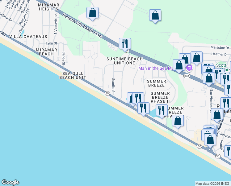 map of restaurants, bars, coffee shops, grocery stores, and more near 17517 Front Beach Road in Panama City Beach