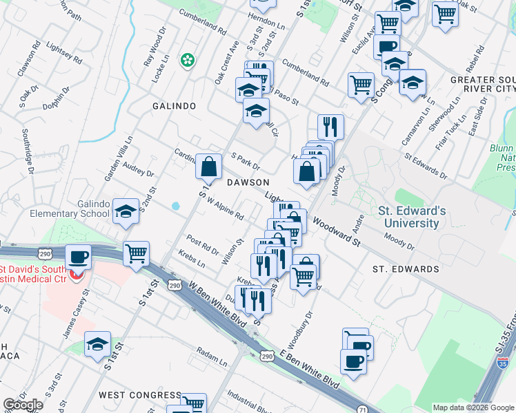 map of restaurants, bars, coffee shops, grocery stores, and more near 3405 Charlotte Rose Drive in Austin