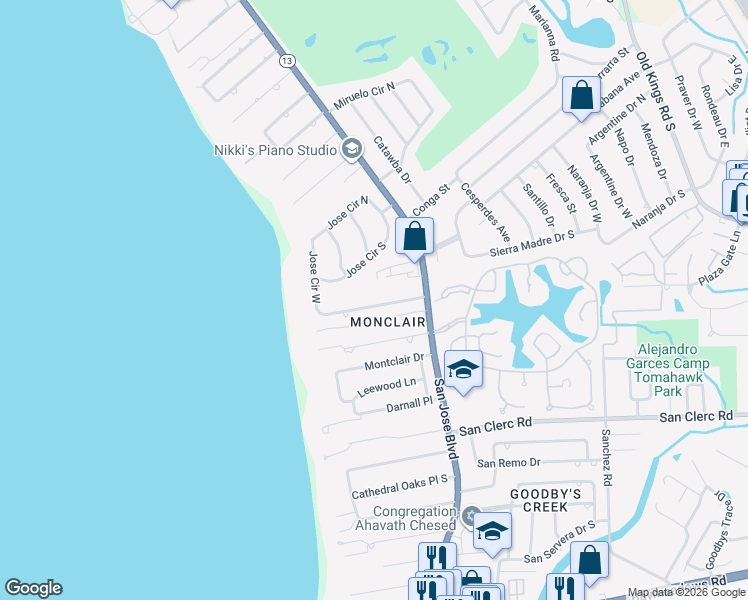 map of restaurants, bars, coffee shops, grocery stores, and more near 3661 Jose Terrace in Jacksonville