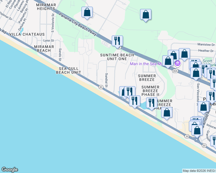 map of restaurants, bars, coffee shops, grocery stores, and more near 17545 Front Beach Road in Panama City Beach