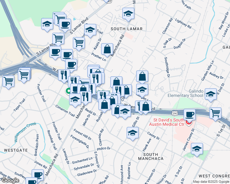 map of restaurants, bars, coffee shops, grocery stores, and more near 1711 Fort View Road in Austin