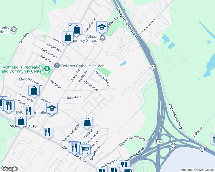 map of restaurants, bars, coffee shops, grocery stores, and more near 1043 Frontier Valley Drive in Austin