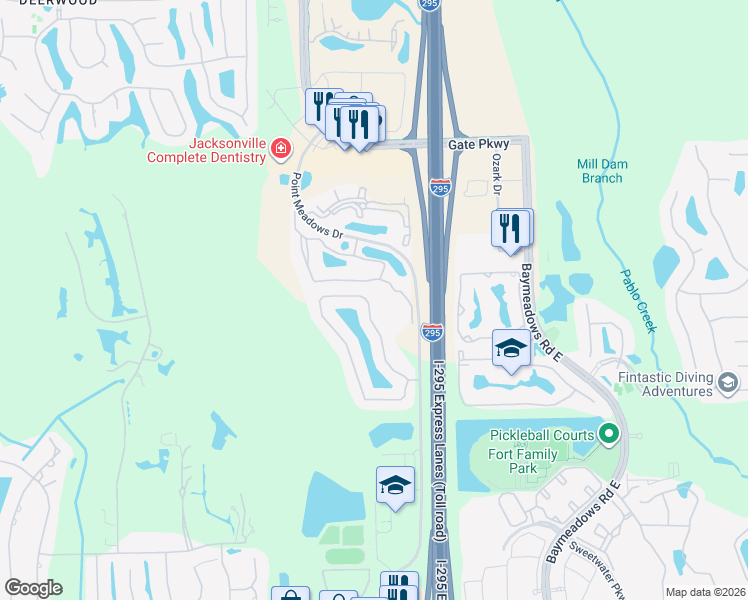 map of restaurants, bars, coffee shops, grocery stores, and more near 7811 Chase Meadows Drive East in Jacksonville