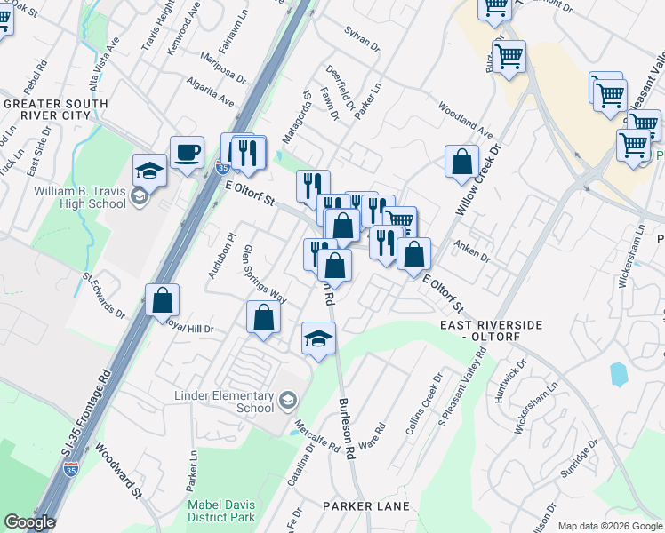 map of restaurants, bars, coffee shops, grocery stores, and more near 2411 1/2 Burleson Road in Austin