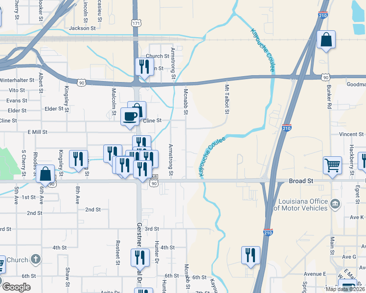 map of restaurants, bars, coffee shops, grocery stores, and more near 701 Armstrong Street in Lake Charles