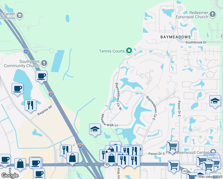 map of restaurants, bars, coffee shops, grocery stores, and more near 7874 Meadow Walk Lane in Jacksonville